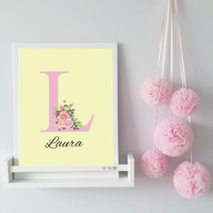 Imię dziecka oraz bukiet kwiatków - Plakat A3 