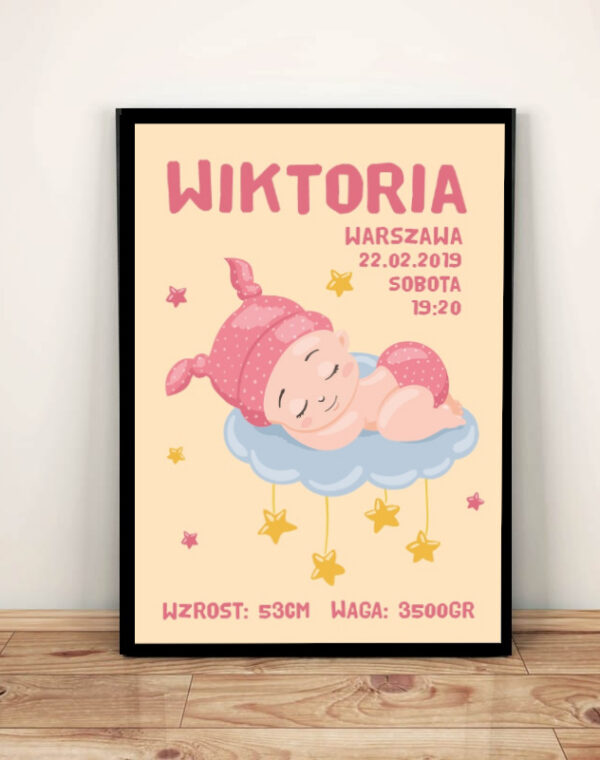 Śpiące dziecko - Metryczka dla dziewczynki z ramką