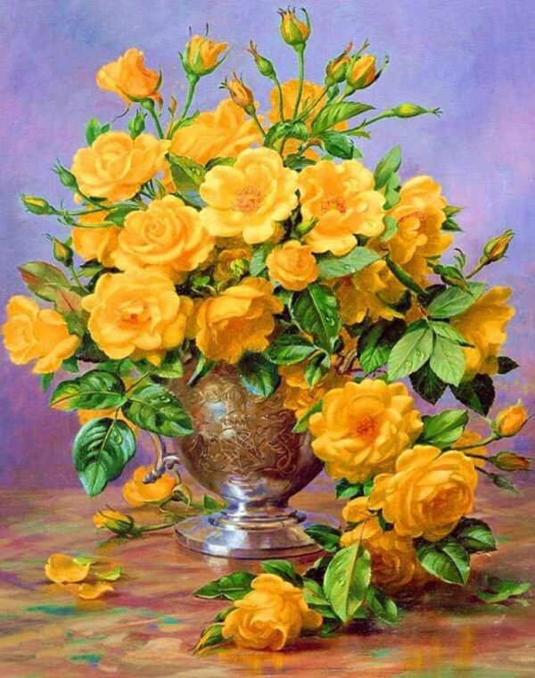 Żółte Róże w wazonie Malowanie po numerach obraz w ramie płótno 50x40cm