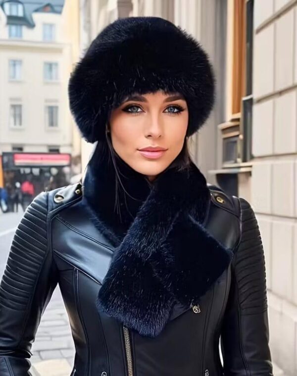 Czarna czapka damska szalik zimowa modna elegancka ciepła toczek futerko (1)