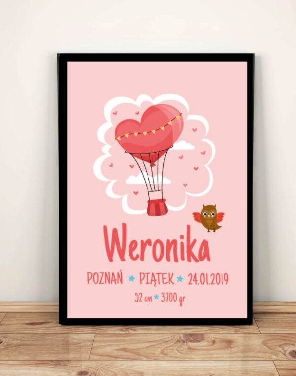 Metryczka dla dziewczynki Balon i Sowa